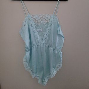 Vintage Lorraine Brand Baby Blue Lace Trimmed Lingerie Bodysuit Size Large